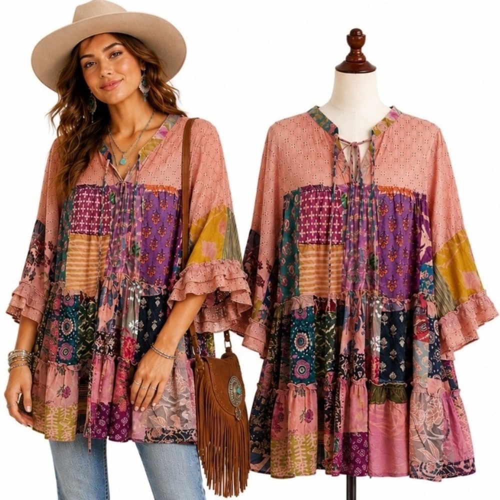 POL Womens Patchwork Eyelet Tunic Top Multi Color Bell Sleeve Cotton Medium
